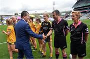 31 July 2022; Uachtarán Cumann Peil Gael na mBan, Mícheál Naughton and referee Kevin Corcoran before the TG4 All-Ireland Ladies Football Junior Championship Final match between Antrim and Fermanagh at Croke Park in Dublin. Photo by Ramsey Cardy/Sportsfile