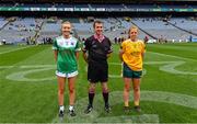 31 July 2022; Referee Kevin Corcoran with captains Molly McGloin of Fermanagh and Cathy Carey of Antrim during the TG4 All-Ireland Ladies Football Junior Championship Final match between Antrim and Fermanagh at Croke Park in Dublin. Photo by Ramsey Cardy/Sportsfile