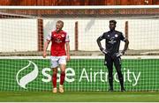 31 July 2022; St Patrick's Athletic goalkeeper Joseph Anang and Tom Grivosti after their side conceded a second goal during the Extra.ie FAI Cup First Round match between St Patrick's Athletic and Waterford at Richmond Park in Dublin. Photo by Seb Daly/Sportsfile