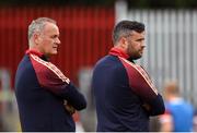 31 July 2022; St Patrick's Athletic manager Tim Clancy, right, and technical director Alan Matthews before the Extra.ie FAI Cup First Round match between St Patrick's Athletic and Waterford at Richmond Park in Dublin. Photo by Seb Daly/Sportsfile