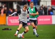29 July 2022; Runar Hauge, left, and Lewis Macari of Dundalk before the Extra.ie FAI Cup First Round match between Dundalk and Longford Town at Oriel Park in Dundalk, Louth. Photo by Ben McShane/Sportsfile