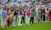 31 July 2022; The Waterford Jubilee teams from 1997 and 1998 are introduced before the TG4 All-Ireland Ladies Football Championship Finals at Croke Park in Dublin. Photo by Brendan Moran/Sportsfile