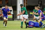 24 June 2022;  James McNabney of Ireland offloads the ball  during the Six Nations U20 summer series match between Ireland and France at Payanini Centre in Verona, Italy. Photo by Roberto Bregani/Sportsfile