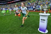 31 July 2022; Aoibheann Leahy, left, and Mary Kate Lynch of Meath run out past the Brendan Martin cup before the TG4 All-Ireland Ladies Football Senior Championship Final match between Kerry and Meath at Croke Park in Dublin. Photo by Brendan Moran/Sportsfile