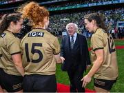 31 July 2022; President of Ireland Michael D Higgins is introduced to Louise Ní Mhuircheartaigh of Kerry by team captain Anna Galvin before the TG4 All-Ireland Ladies Football Senior Championship Final match between Kerry and Meath at Croke Park in Dublin. Photo by Brendan Moran/Sportsfile