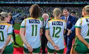 31 July 2022; President of Ireland Michael D Higgins is introduced to Meath players by team captain Shauna Ennis, in the company of Uachtarán Cumann Peil Gael na mBan, Mícheál Naughton, before the TG4 All-Ireland Ladies Football Senior Championship Final match between Kerry and Meath at Croke Park in Dublin. Photo by Brendan Moran/Sportsfile