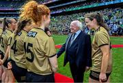 31 July 2022; President of Ireland Michael D Higgins is introduced to Kerry players by team captain Anna Galvin before the TG4 All-Ireland Ladies Football Senior Championship Final match between Kerry and Meath at Croke Park in Dublin. Photo by Brendan Moran/Sportsfile