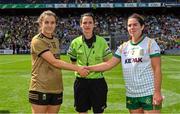 31 July 2022; Referee Maggie Farrelly with team captains Anna Galvin of Kerry and Shauna Ennis of Meath before the TG4 All-Ireland Ladies Football Senior Championship Final match between Kerry and Meath at Croke Park in Dublin. Photo by Brendan Moran/Sportsfile