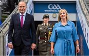 31 July 2022; An Taoiseach Micheál Martin TD arrives with LGFA chief executive officer Helen O'Rourke before the TG4 All-Ireland Ladies Football Senior Championship Final match between Kerry and Meath at Croke Park in Dublin. Photo by Brendan Moran/Sportsfile