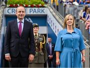 31 July 2022; An Taoiseach Micheál Martin TD arrives with LGFA chief executive officer Helen O'Rourke before the TG4 All-Ireland Ladies Football Senior Championship Final match between Kerry and Meath at Croke Park in Dublin. Photo by Brendan Moran/Sportsfile