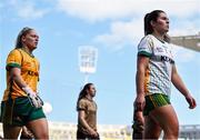 31 July 2022; Meath captain Shauna Ennis leads teammate Monica McGuirk in the parade before the TG4 All-Ireland Ladies Football Senior Championship Final match between Kerry and Meath at Croke Park in Dublin. Photo by Brendan Moran/Sportsfile