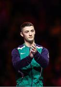 1 August 2022; Rhys McClenaghan of Northern Ireland before collecting his Silver medal after competing in the men's pommel horse final at Arena Birmingham in Birmingham, England. Photo by Paul Greenwood/Sportsfile