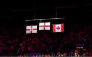 1 August 2022; A general view of the flags of medalists after the men's pommel horse final at Arena Birmingham in Birmingham, England. Photo by Paul Greenwood/Sportsfile