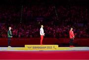 1 August 2022; Athletes, from left, Rhys McClenaghan of Northern Ireland with his Silver medal, Joe Fraser of England with his Gold medal and Jayson Rampersad of Canada with his Bronze medal after competing in the men's pommel horse final at Arena Birmingham in Birmingham, England. Photo by Paul Greenwood/Sportsfile