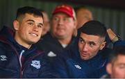 1 August 2022; Evan Weir, left, with Luke Heeney of Drogheda United in the stands before the SSE Airtricity League Premier Division match between Drogheda United and UCD at Head in the Game Park in Drogheda, Louth. Photo by Ben McShane/Sportsfile