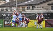 1 August 2022; Dane Massey of Drogheda United heads a corner clear during the SSE Airtricity League Premier Division match between Drogheda United and UCD at Head in the Game Park in Drogheda, Louth. Photo by Ben McShane/Sportsfile