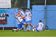 1 August 2022; Thomas Lonergan, left, of UCD celebrates with teammates after scoring his side's first goal during the SSE Airtricity League Premier Division match between Drogheda United and UCD at Head in the Game Park in Drogheda, Louth. Photo by Ben McShane/Sportsfile