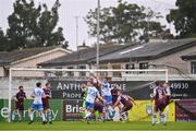1 August 2022; Dane Massey of Drogheda United heads a corner clear during the SSE Airtricity League Premier Division match between Drogheda United and UCD at Head in the Game Park in Drogheda, Louth. Photo by Ben McShane/Sportsfile