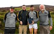 1 August 2022; Colin Ryan of Limerick with, from left, National Poc Fada Committee Cathaoirleach Tom Ryan, Ard Stiúrthóir of the GAA Tom Ryan and event sponsor Martin Donnelly after the M. Donnelly GAA All-Ireland Poc Fada Finals at Cooley Mountains in Louth. Photo by Harry Murphy/Sportsfile