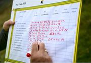 1 August 2022; A scorecard is seen during the M. Donnelly GAA All-Ireland Poc Fada Finals at Cooley Mountains in Louth. Photo by Harry Murphy/Sportsfile
