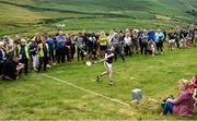 1 August 2022; Mark Fahy of Galway plays his first shot during the M. Donnelly GAA All-Ireland Poc Fada Finals at Cooley Mountains in Louth. Photo by Harry Murphy/Sportsfile