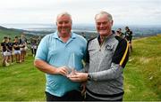 1 August 2022; Christy Ryan is presented with the 2022 Hall of Fame award from National Poc Fada Committee Cathaoirleach Tom Ryan before the M. Donnelly GAA All-Ireland Poc Fada Finals at Cooley Mountains in Louth. Photo by Harry Murphy/Sportsfile