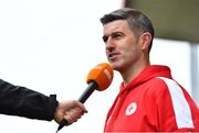 30 July 2022; Sligo Rovers manager Steve Feeney is interviewed by TG4 before the SSE Airtricity Women's National League match between Sligo Rovers and Shelbourne at The Showgrounds in Sligo. Photo by Ben McShane/Sportsfile