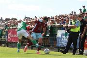 31 July 2022; John Kavanagh of Cobh Ramblers in action against Matt Srbely of Cork City during the Extra.ie FAI Cup First Round match between Cobh Ramblers and Cork City at St Colman's Park in Cobh, Cork. Photo by Michael P Ryan/Sportsfile