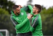 3 August 2022; Neil Farrugia, left, and Dylan Watts during a Shamrock Rovers squad training session at Roadstone Sports Club in Dublin. Photo by David Fitzgerald/Sportsfile