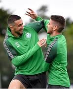 3 August 2022; Neil Farrugia, left, and Dylan Watts during a Shamrock Rovers squad training session at Roadstone Sports Club in Dublin. Photo by David Fitzgerald/Sportsfile