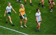 31 July 2022; Meath players, from left, Mary Kate Lynch, Monica McGuirk and Shauna Ennis in the parade before the TG4 All-Ireland Ladies Football Senior Championship Final match between Kerry and Meath at Croke Park in Dublin. Photo by Piaras Ó Mídheach/Sportsfile