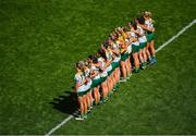 31 July 2022; Meath players stand for Amhrán na bhFiann before the TG4 All-Ireland Ladies Football Senior Championship Final match between Kerry and Meath at Croke Park in Dublin. Photo by Piaras Ó Mídheach/Sportsfile