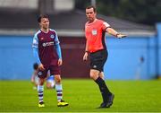 1 August 2022; Referee Robert Harvey and Darragh Markey of Drogheda United during the SSE Airtricity League Premier Division match between Drogheda United and UCD at Head in the Game Park in Drogheda, Louth. Photo by Ben McShane/Sportsfile