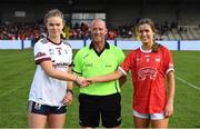 3 August 2022; Captains Caoimhe Cleary of Galway, left, and Evie Twomey of Cork shake hands across referee Barry Redmond before the ZuCar All-Ireland Ladies Football Minor ‘A’ Championship Final match between Cork and Galway at MacDonagh Park in Nenagh, Tipperary. Photo by Harry Murphy/Sportsfile