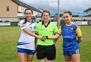 3 August 2022; Referee Lorraine O'Sullivan with team captains Holly McQuaid of Monaghan, left, and Caoimhe McCormack of Longford before the ZuCar All-Ireland Ladies Football Minor B Championship Final match between Monaghan and Longford at Donaghmore Ashbourne GAA club in Ashbourne, Meath. Photo by David Fitzgerald/Sportsfile