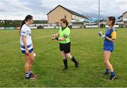 3 August 2022; Referee Lorraine O'Sullivan with team captains Holly McQuaid of Monaghan, left, and Caoimhe McCormack of Longford before the ZuCar All-Ireland Ladies Football Minor B Championship Final match between Monaghan and Longford at Donaghmore Ashbourne GAA club in Ashbourne, Meath. Photo by David Fitzgerald/Sportsfile