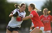 3 August 2022; Maebh Walsh of Galway in action against Lia Heffernan of Cork during the ZuCar All-Ireland Ladies Football Minor ‘A’ Championship Final match between Cork and Galway at MacDonagh Park in Nenagh, Tipperary. Photo by Harry Murphy/Sportsfile