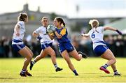 3 August 2022; Caoimhe McCormack of Longford in action against Leah Connolly of Monaghan during the ZuCar All-Ireland Ladies Football Minor B Championship Final match between Monaghan and Longford at Donaghmore Ashbourne GAA club in Ashbourne, Meath. Photo by David Fitzgerald/Sportsfile