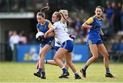 3 August 2022; Sarah Macken of Longford in action against Tara Renaghan of Monaghan during the ZuCar All-Ireland Ladies Football Minor B Championship Final match between Monaghan and Longford at Donaghmore Ashbourne GAA club in Ashbourne, Meath. Photo by David Fitzgerald/Sportsfile