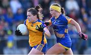 3 August 2022; Gráinne Burke of Clare in action against Zara Fennell of Wicklow during the ZuCar All-Ireland Ladies Football Minor ‘C’ Championship Final match between Clare and Wicklow at Kinnegad GAA club in Kinnegad, Westmeath. Photo by Piaras Ó Mídheach/Sportsfile