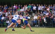 3 August 2022; Sarah Macken of Longford in action against Leah Connolly of Monaghan during the ZuCar All-Ireland Ladies Football Minor B Championship Final match between Monaghan and Longford at Donaghmore Ashbourne GAA club in Ashbourne, Meath. Photo by David Fitzgerald/Sportsfile