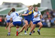 3 August 2022; Sián Gallagher of Longford in action against Kerrieanne Walsh of Monaghan during the ZuCar All-Ireland Ladies Football Minor B Championship Final match between Monaghan and Longford at Donaghmore Ashbourne GAA club in Ashbourne, Meath. Photo by David Fitzgerald/Sportsfile