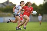 3 August 2022; Orlaith Cahalane of Cork in action against Aoibhinn Eilian of Galway during the ZuCar All-Ireland Ladies Football Minor ‘A’ Championship Final match between Cork and Galway at MacDonagh Park in Nenagh, Tipperary. Photo by Harry Murphy/Sportsfile