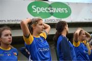 3 August 2022; Rachel Fallon of Longford react to a late miss during the ZuCar All-Ireland Ladies Football Minor B Championship Final match between Monaghan and Longford at Donaghmore Ashbourne GAA club in Ashbourne, Meath. Photo by David Fitzgerald/Sportsfile