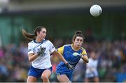 3 August 2022; Grace Kenny of Longford in action against Holly McQuaid of Monaghan during the ZuCar All-Ireland Ladies Football Minor B Championship Final match between Monaghan and Longford at Donaghmore Ashbourne GAA club in Ashbourne, Meath. Photo by David Fitzgerald/Sportsfile