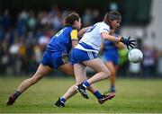 3 August 2022; Laura Grimes of Monaghan in action against Caoimhe McCormack of Longford during the ZuCar All-Ireland Ladies Football Minor B Championship Final match between Monaghan and Longford at Donaghmore Ashbourne GAA club in Ashbourne, Meath. Photo by David Fitzgerald/Sportsfile