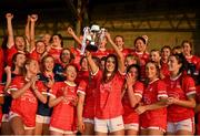 3 August 2022; Cork captain Evie Twomey lifts the trophy after the ZuCar All-Ireland Ladies Football Minor ‘A’ Championship Final match between Cork and Galway at MacDonagh Park in Nenagh, Tipperary. Photo by Harry Murphy/Sportsfile