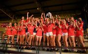 3 August 2022; Cork captain Evie Twomey lifts the trophy with teammates after the ZuCar All-Ireland Ladies Football Minor ‘A’ Championship Final match between Cork and Galway at MacDonagh Park in Nenagh, Tipperary. Photo by Harry Murphy/Sportsfile