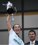 3 August 2022; Monaghan captain Holly McQuaid lifts the trophy after the ZuCar All-Ireland Ladies Football Minor B Championship Final match between Monaghan and Longford at Donaghmore Ashbourne GAA club in Ashbourne, Meath. Photo by David Fitzgerald/Sportsfile