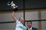 3 August 2022; Monaghan captain Holly McQuaid lifts the trophy after the ZuCar All-Ireland Ladies Football Minor B Championship Final match between Monaghan and Longford at Donaghmore Ashbourne GAA club in Ashbourne, Meath. Photo by David Fitzgerald/Sportsfile